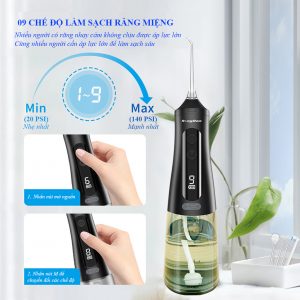 Chín chế độ hoạt động từ áp lực nước nhẹ nhất đến áp lực nước mạnh nhất của máy tăm nước SongDan 9M là phù hợp với mọi nhu cầu